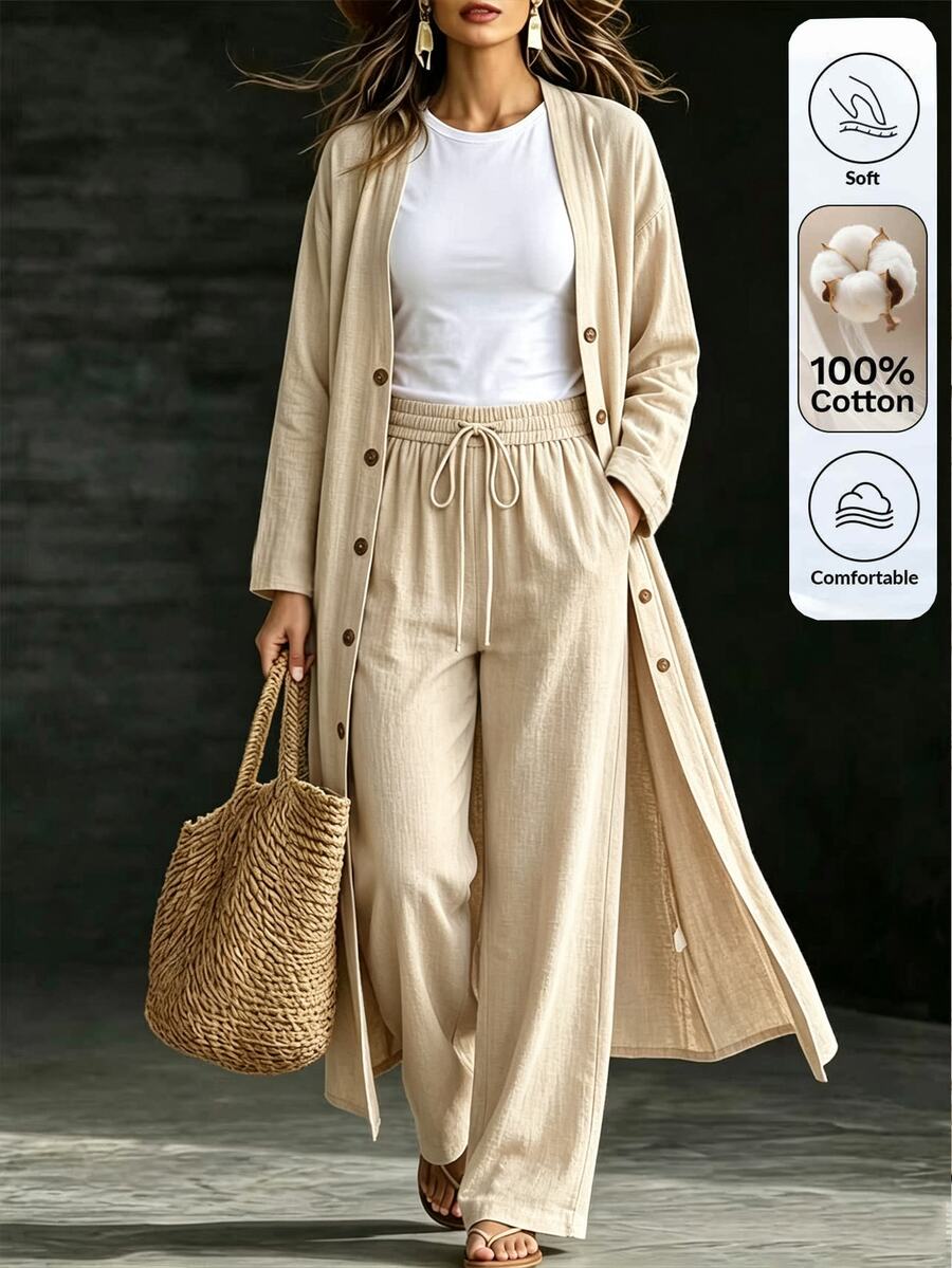 Yunfilé Women's Vacation Solid Color Button Long Sleeve Shirt And Drawstring Waist Pocket Pants 2 Pieces Set - Apricot - View 1