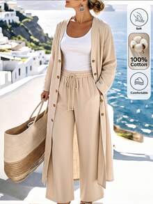 Yunfilé Women's Vacation Solid Color Button Long Sleeve Shirt And Drawstring Waist Pocket Pants 2 Pieces Set - Apricot - View 5