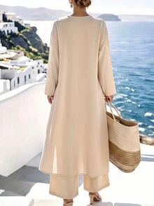 Yunfilé Women's Vacation Solid Color Button Long Sleeve Shirt And Drawstring Waist Pocket Pants 2 Pieces Set - Apricot - View 2