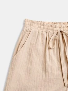 Yunfilé Women's Vacation Solid Color Button Long Sleeve Shirt And Drawstring Waist Pocket Pants 2 Pieces Set - Apricot - View 7