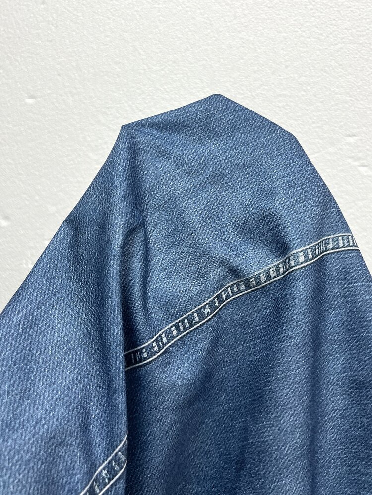SHEIN Franclia 法式立領牛仔效果印花上衣，通勤與休閒穿搭百搭上衣，極簡V領雙穿設計，通勤休閒優雅無袖襯衫 - 藍色 - 查看 8
