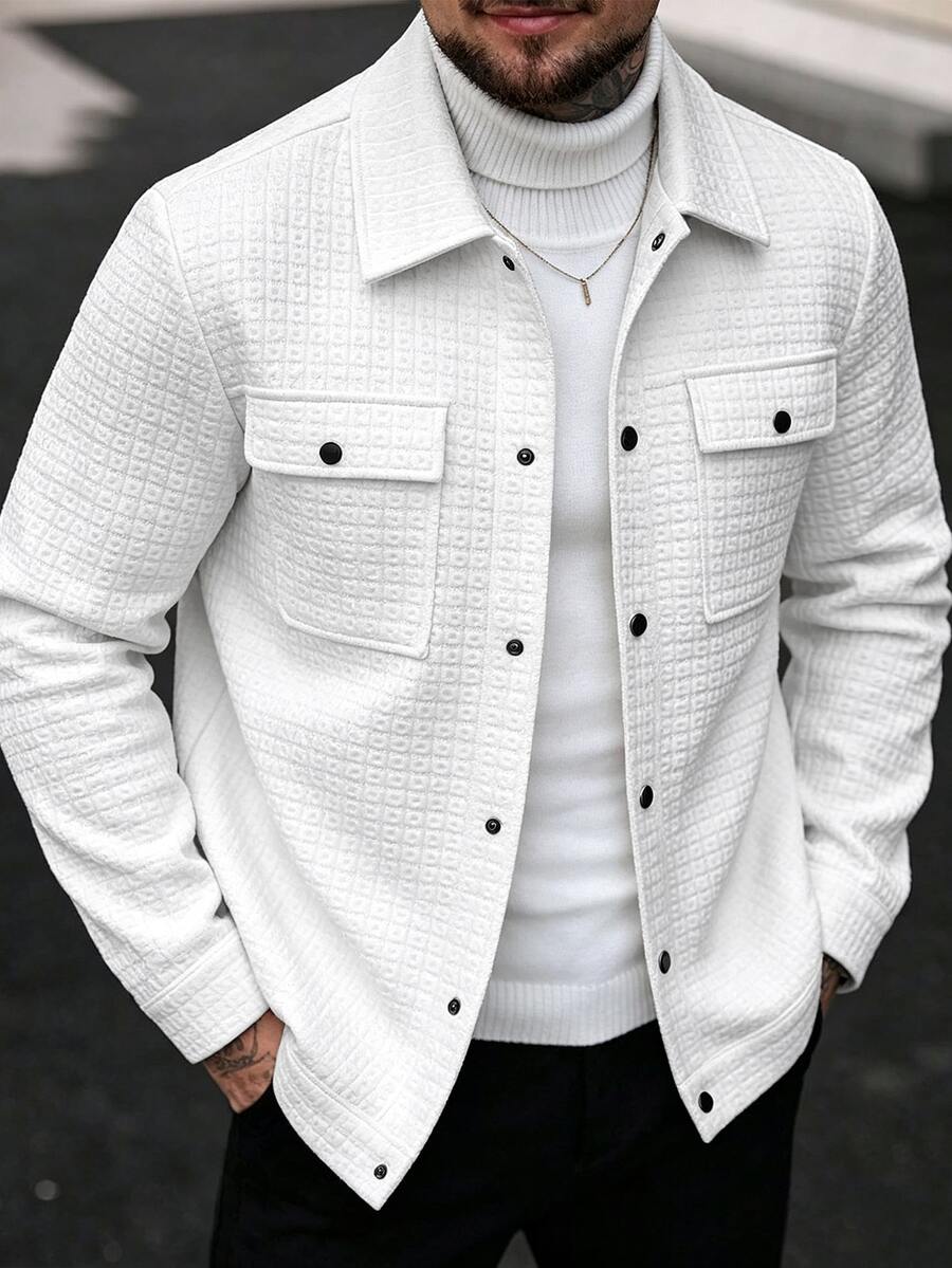 Manfinity CasualCool Men's White Casual Autumn Jacket,Versatile Holiday Button Up Shacket,Textured Workwear Office Business Pocket Shirt - White - View 1