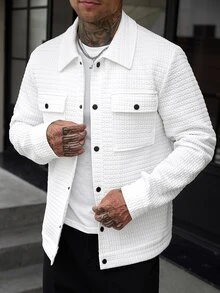 Manfinity CasualCool 男士白色休閒秋季夾克，百搭度假鈕扣襯衫外套，紋理工裝辦公商務口袋襯衫 - 白色 - 查看 4
