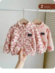SHEIN Babygirl Autumn/Winter Cute Versatile Casual Fluffy Leopard Print Stand Collar Jacket 2pcs Set - Pink - View 1