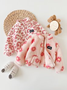 SHEIN Babygirl Autumn/Winter Cute Versatile Casual Fluffy Leopard Print Stand Collar Jacket 2pcs Set - Pink - View 7