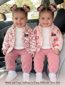 SHEIN Babygirl Autumn/Winter Cute Versatile Casual Fluffy Leopard Print Stand Collar Jacket 2pcs Set - Pink - View 3