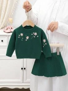 Souflis 女嬰針織套裝 2 件組，上衣與裙子，花卉重工刺繡圓領套頭毛衣，柔軟深綠色，甜美優雅田園風，簡約日常穿著，適合秋冬旅行、外出、派對、戶外玩耍與野餐 - 橄欖綠 - 查看 10