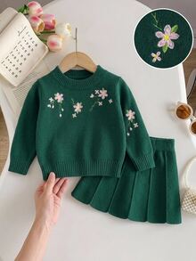 Souflis 女嬰針織套裝 2 件組，上衣與裙子，花卉重工刺繡圓領套頭毛衣，柔軟深綠色，甜美優雅田園風，簡約日常穿著，適合秋冬旅行、外出、派對、戶外玩耍與野餐 - 橄欖綠 - 查看 1