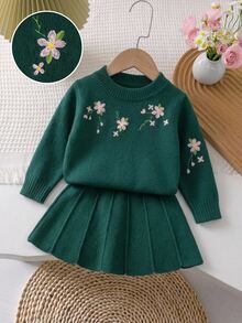 Souflis 女嬰針織套裝 2 件組，上衣與裙子，花卉重工刺繡圓領套頭毛衣，柔軟深綠色，甜美優雅田園風，簡約日常穿著，適合秋冬旅行、外出、派對、戶外玩耍與野餐 - 橄欖綠 - 查看 12
