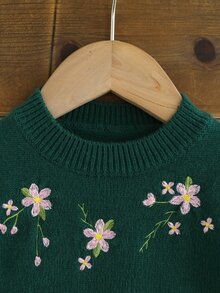 Souflis 女嬰針織套裝 2 件組，上衣與裙子，花卉重工刺繡圓領套頭毛衣，柔軟深綠色，甜美優雅田園風，簡約日常穿著，適合秋冬旅行、外出、派對、戶外玩耍與野餐 - 橄欖綠 - 查看 8