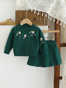 Souflis 女嬰針織套裝 2 件組，上衣與裙子，花卉重工刺繡圓領套頭毛衣，柔軟深綠色，甜美優雅田園風，簡約日常穿著，適合秋冬旅行、外出、派對、戶外玩耍與野餐 - 橄欖綠 - 查看 9