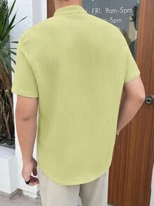 HIMLAND 男士纯色短袖单排扣休闲梭织衬衫 - 芥末黃 - 查看 2