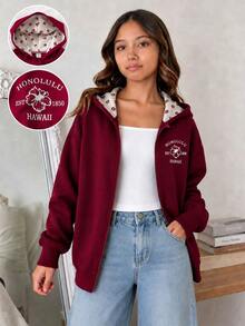 Genkimix Kids 女童牛仔圖案工裝復古街頭風酒紅色連帽外套 前面小碎花帽內裡 校園服 學生秋季聖誕服飾 - 酒紅色 - 查看 2