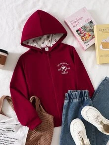 Genkimix Kids 女童牛仔圖案工裝復古街頭風酒紅色連帽外套 前面小碎花帽內裡 校園服 學生秋季聖誕服飾 - 酒紅色 - 查看 5