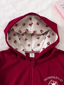 Genkimix Kids 女童牛仔圖案工裝復古街頭風酒紅色連帽外套 前面小碎花帽內裡 校園服 學生秋季聖誕服飾 - 酒紅色 - 查看 11