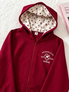 Genkimix Kids 女童牛仔圖案工裝復古街頭風酒紅色連帽外套 前面小碎花帽內裡 校園服 學生秋季聖誕服飾 - 酒紅色 - 查看 4