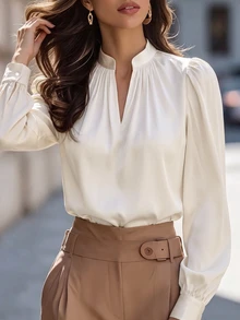 SHEIN Blus Lengan Panjang Putih Elegan untuk Wanita - Aprikot - View 1