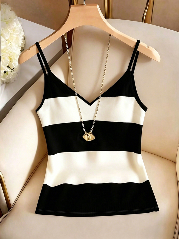 SHEIN Franclia Women's Autumn/Winter New Classic Black & White Colorblock Wide Stripe V-Neck Cami Tank Top, Spaghetti Strap With V-Neck To Flatter Collarbones, Elastic Brushed Fabric For Body-Hugging Fit, Short Length For Versatile Layering, Perfect For Casual, Inner Layer, Commute And Everyday Wear