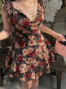 SHEIN MOD 女款大尺碼復古印花修身A字不對稱下擺迷你洋裝，戶外優雅派對多穿法洋裝，適合秋季、萬聖節、聖誕節 - 彩色 - 查看 10