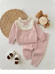 SHEIN Vintaside Kids 女嬰針織套裝 2 件組，法式蕾絲套頭上衣配手工蝴蝶結，可愛優雅粉色甜美針織長褲，舒適柔軟，適合日常穿著、外出、旅行、上學、秋冬、派對、休閒、假期 - 粉色 - 查看 10