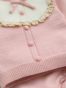 SHEIN Vintaside Kids 女嬰針織套裝 2 件組，法式蕾絲套頭上衣配手工蝴蝶結，可愛優雅粉色甜美針織長褲，舒適柔軟，適合日常穿著、外出、旅行、上學、秋冬、派對、休閒、假期 - 粉色 - 查看 9