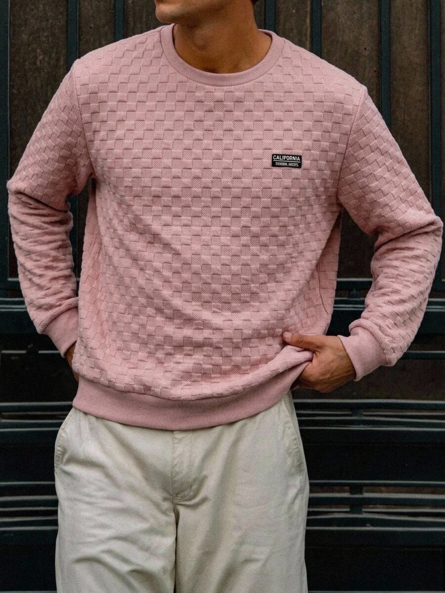 HIMLAND Men's Letter Embroidery Crew Neck Casual Pullover Sweatshirt - Pink - View 1