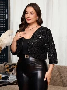 Reflora Plus Size Women's Shiny Fashion Versatile Daily Casual Jacket Fall - Black - View 4