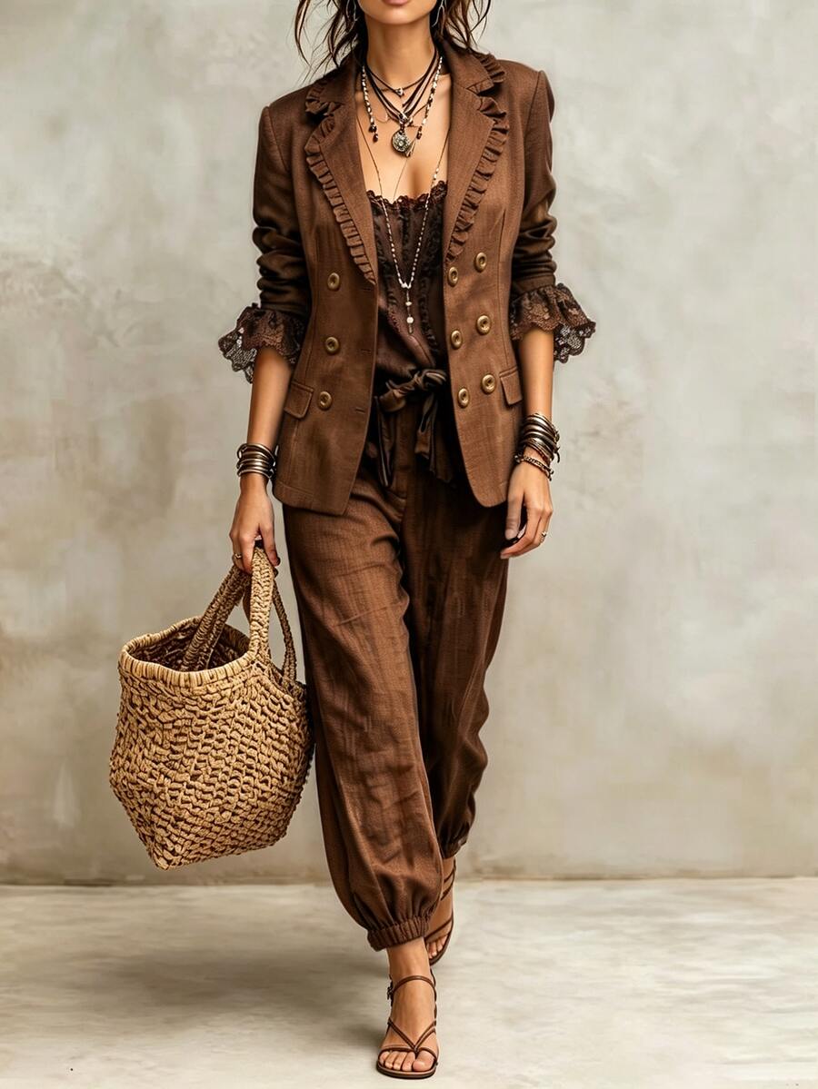 SHEIN Setelan Wanita Musim Gugur/Dingin 2026, Gaya Vintage Elegan Minimalis, Desain Patchwork Renda Cokelat dengan Rumbai, Cocok untuk Pakaian Kerja dan Guru, Potongan Longgar - Coklat - View 1