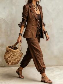 SHEIN Setelan Wanita Musim Gugur/Dingin 2026, Gaya Vintage Elegan Minimalis, Desain Patchwork Renda Cokelat dengan Rumbai, Cocok untuk Pakaian Kerja dan Guru, Potongan Longgar - Coklat - View 3