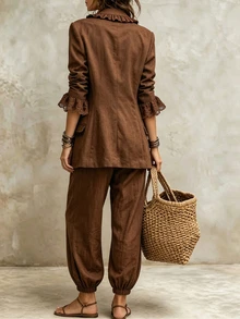 SHEIN Setelan Wanita Musim Gugur/Dingin 2026, Gaya Vintage Elegan Minimalis, Desain Patchwork Renda Cokelat dengan Rumbai, Cocok untuk Pakaian Kerja dan Guru, Potongan Longgar - Coklat - View 2