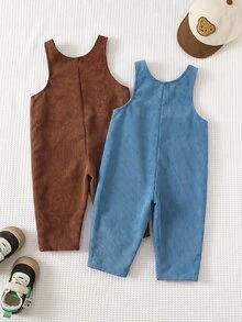 SHEIN 男嬰 2件/套 純色保暖內裡加厚吊帶褲與連身衣套裝，舒適百搭時尚休閒學院風可愛簡約百搭款，適合室內、戶外滑雪、日常穿著、運動、玩耍、派對、拍照、秋冬假期 - 彩色 - 查看 2