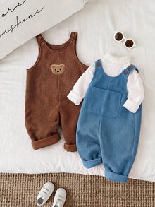 SHEIN 男嬰 2件/套 純色保暖內裡加厚吊帶褲與連身衣套裝，舒適百搭時尚休閒學院風可愛簡約百搭款，適合室內、戶外滑雪、日常穿著、運動、玩耍、派對、拍照、秋冬假期 - 彩色 - 查看 4