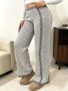 Vionelle Plus Striped Cable Knit Wide Leg Pants Fall - Multicolor - View 3