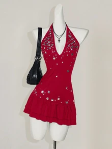 SHEIN ICON 女士细肩带露背迷你连衣裙 Hot Iron Shiny 度假狂欢装优雅度假装女士复活节连衣裙节日装女士白色毕业礼服 - 紅色 - 查看 11