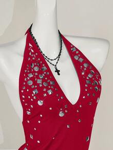 SHEIN ICON 女士细肩带露背迷你连衣裙 Hot Iron Shiny 度假狂欢装优雅度假装女士复活节连衣裙节日装女士白色毕业礼服 - 紅色 - 查看 6