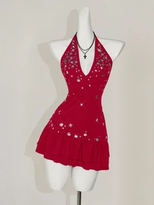 SHEIN ICON 女士细肩带露背迷你连衣裙 Hot Iron Shiny 度假狂欢装优雅度假装女士复活节连衣裙节日装女士白色毕业礼服 - 紅色 - 查看 5