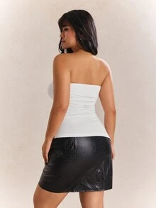 CovetEZ Plus Size White Pleated Shoulder Strap Elastic Knit Top - White - View 2