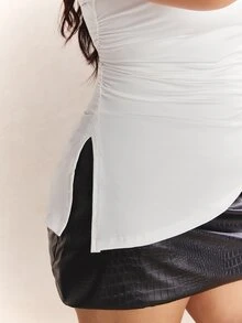 CovetEZ Plus Size White Pleated Shoulder Strap Elastic Knit Top - White - View 6