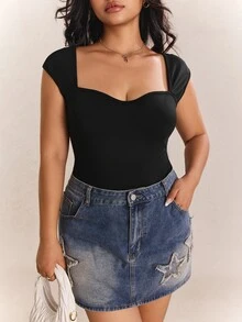 CovetEZ Plus Size Black Wide Strap Sweetheart Neck Ribbed Knit Bodysuit For Women, Summer - Black - View 4