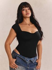 CovetEZ Plus Size Black Wide Strap Sweetheart Neck Ribbed Knit Bodysuit For Women, Summer - Black - View 1