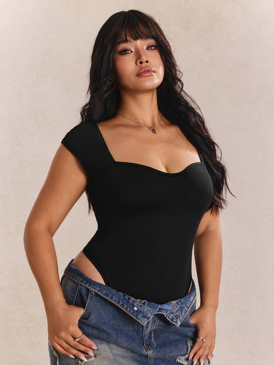 CovetEZ Plus Size Black Wide Strap Sweetheart Neck Ribbed Knit Bodysuit For Women, Summer - Black - View 1