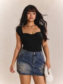 CovetEZ Plus Size Black Wide Strap Sweetheart Neck Ribbed Knit Bodysuit For Women, Summer - Black - View 3
