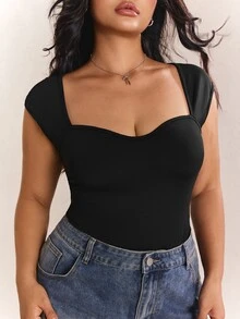 CovetEZ Plus Size Black Wide Strap Sweetheart Neck Ribbed Knit Bodysuit For Women, Summer - Black - View 9