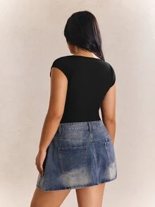 CovetEZ Plus Size Black Wide Strap Sweetheart Neck Ribbed Knit Bodysuit For Women, Summer - Black - View 2