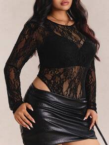 CovetEZ Plus Size Black Sexy Elegant Lace Long Sleeve Bodysuit Sheer Top Date Night Rave Party Summer - Black - View 3