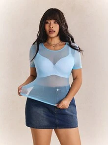 CovetEZ 大尺碼女款透視網紗彈性性感黑色上衣 - 藍色 - 查看 5