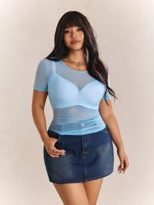 CovetEZ 大尺碼女款透視網紗彈性性感黑色上衣 - 藍色 - 查看 4