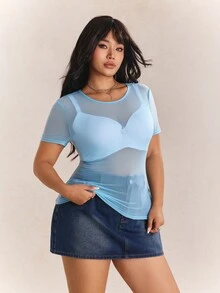 CovetEZ 大尺碼女款透視網紗彈性性感黑色上衣 - 藍色 - 查看 3