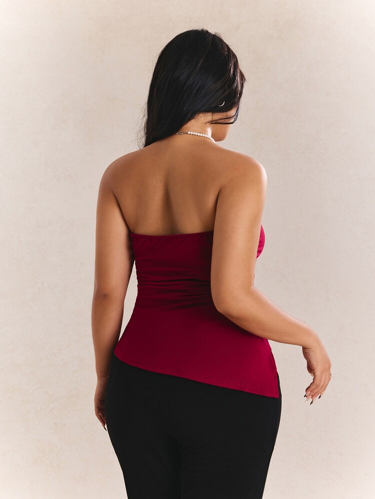 CovetEZ Plus Size Burgundy Pleated Slit Strapless Knit Stretch Top Date Night Party Summer 70's - Red - View 2