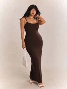CovetEZ 大码女式纯色修身长款吊带连衣裙 - 咖啡棕 - 查看 4